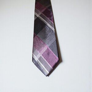 Michael Kors 100% Silk Tie Gray Purple Plaid 3.5” Modern Necktie